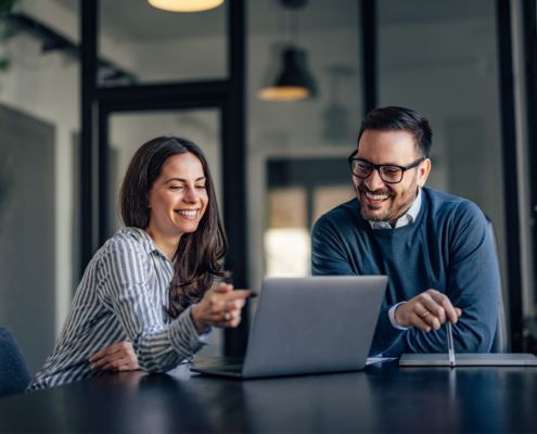 Smiling People, In The Meeting Room, Using A Laptop, Searching