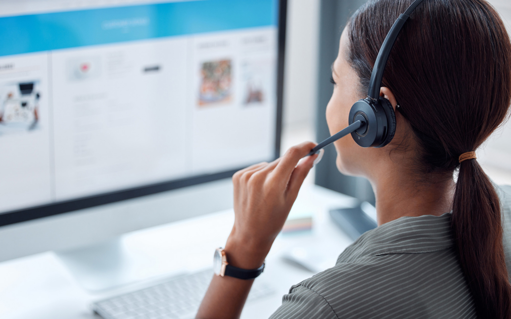 Call Center, Telemarketing And Back Of Female Consultant Working On Online Consultation