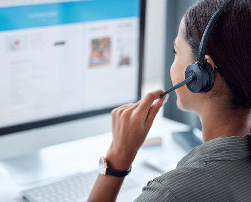 Call Center, Telemarketing And Back Of Female Consultant Working On Online Consultation